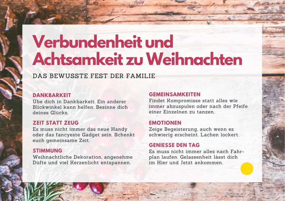 Infografik mit Anleitungen für Verbundenheit und Achtsamkeit zu Weihnachten.