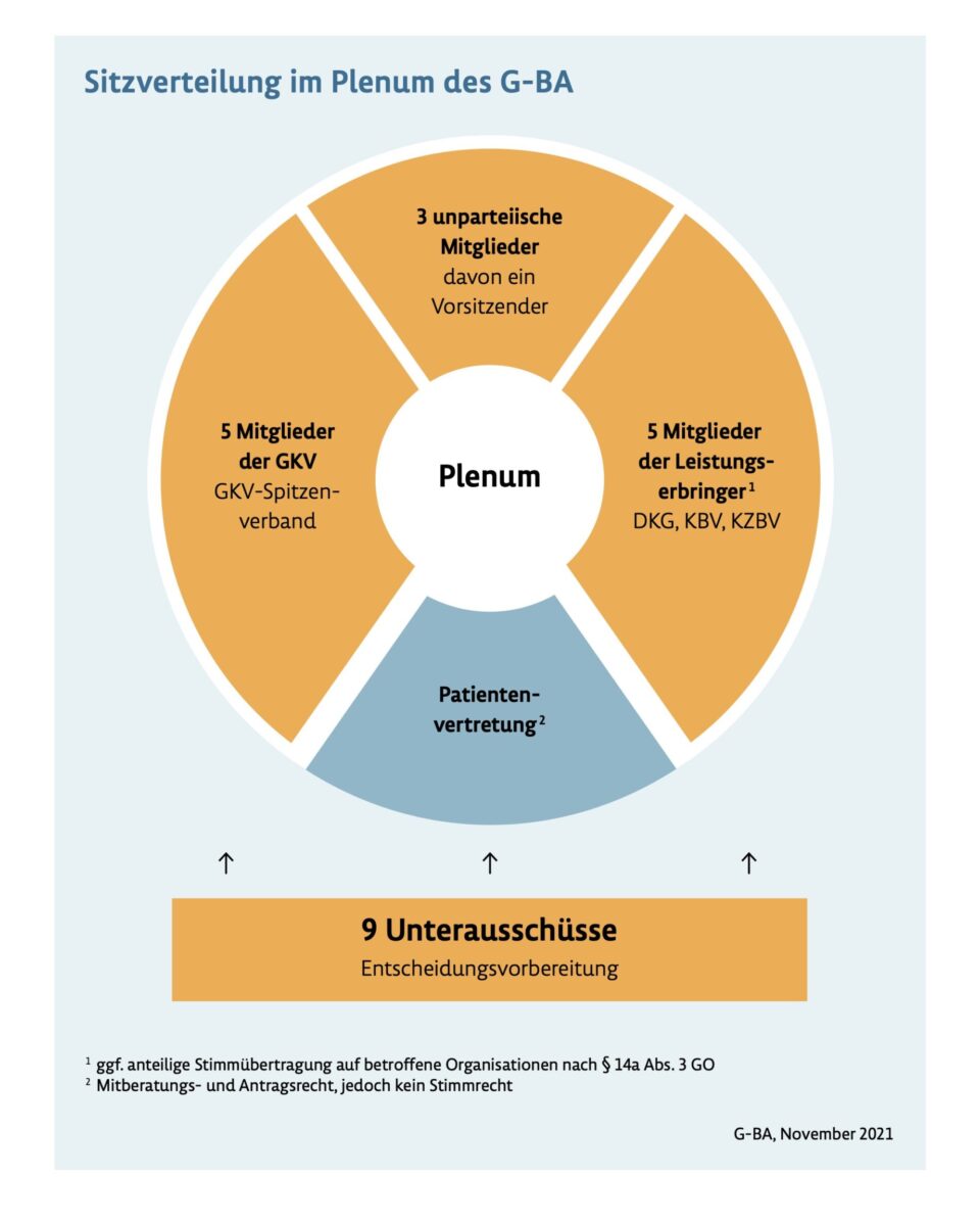 Grafische Darstellung der Zusammensetzung des Gemeinsamen Bundesausschusses in Deutschland.