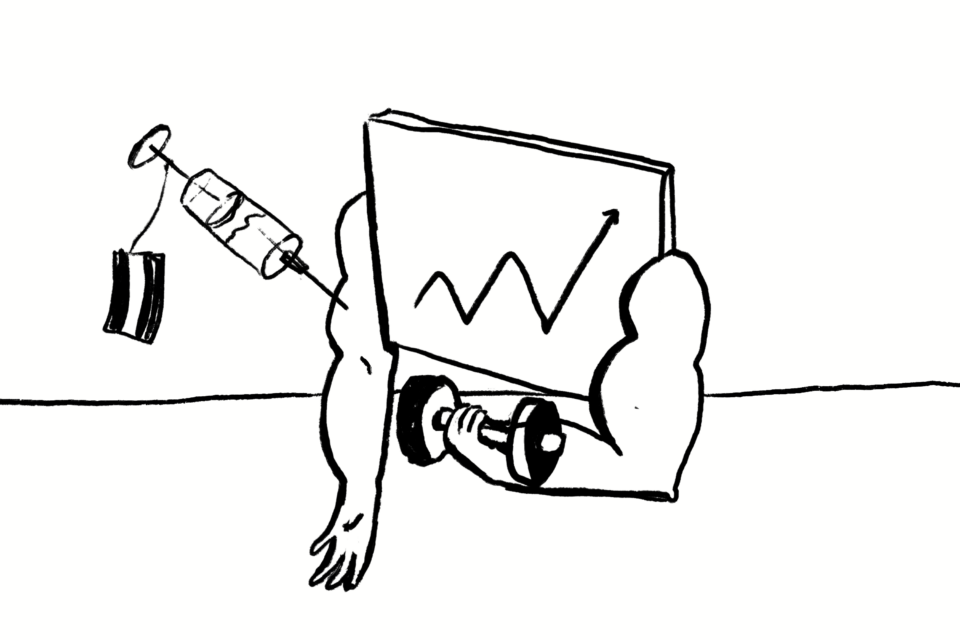 In Österreich geht nicht immer alles mit rechten Dingen zu. (Illustration: Lena Kalinka) Zeichnung schwarz weiß Tafel mit Statistikpfeil und muskulösen Armen