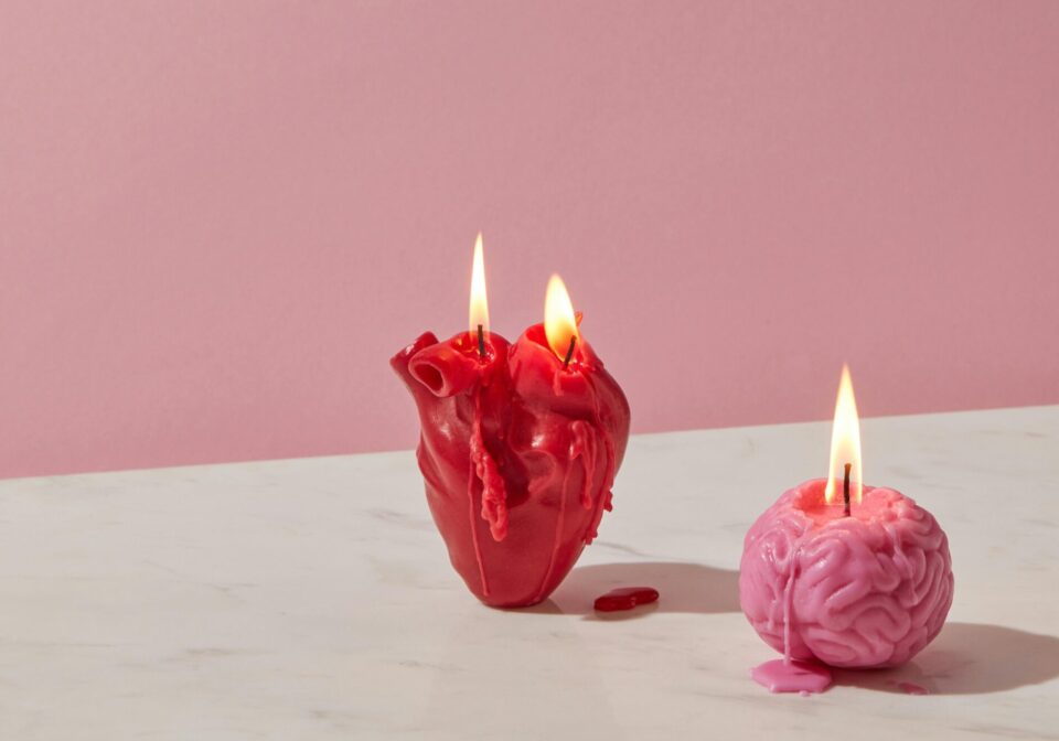 Die Wahl zwischen Herz und Hirn gibt es auch im Tod. Wir sagen: Höre immer auf das Herz... oder den fehlenden Herzschlag. (Foto: Pexels/DS Stories) rote Kerze herzform und rosa Kerze hirnform