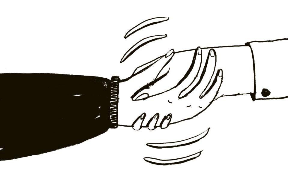 Auf meinem Weg sind mir viele ideenreiche Mitstreiter:innen entgegengekommen. Jede:r einzelne von ihnen hat mich zum Besserwerden inspiriert. (Illustration: Lena Kalinka) Haendeschuetteln