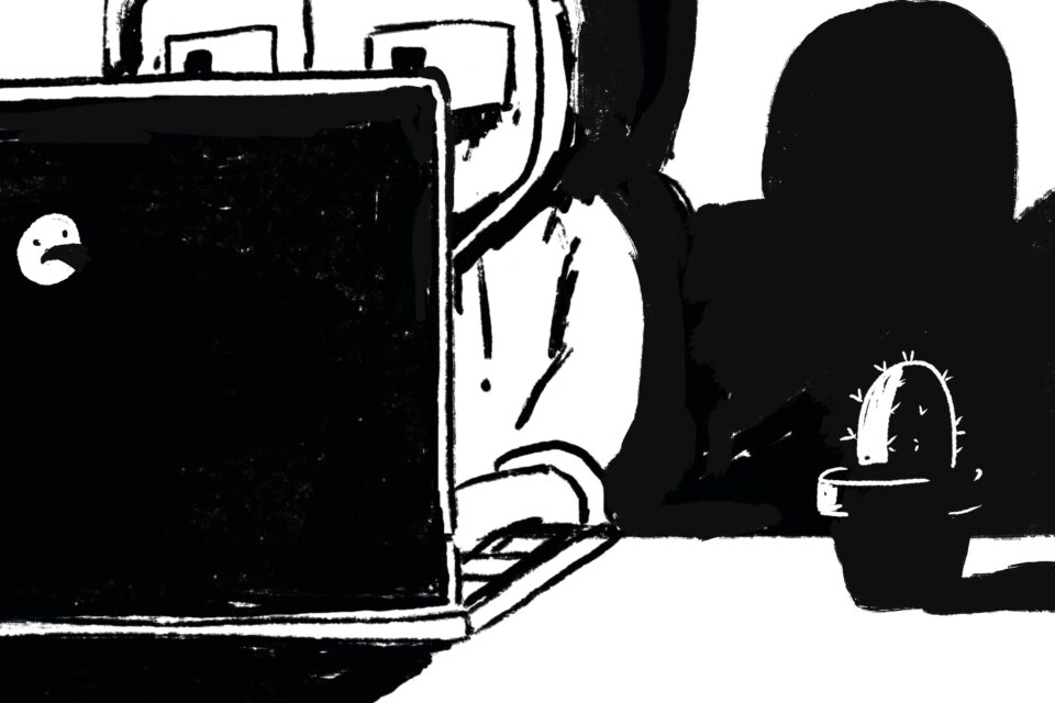 Viele Nächte habe ich mit Recherchieren zugebracht. Mein resilienter Kaktus Kurt ist mir dabei immer zur Seite gestanden. (Illustration: Lena Kalinka) Laptoplicht
