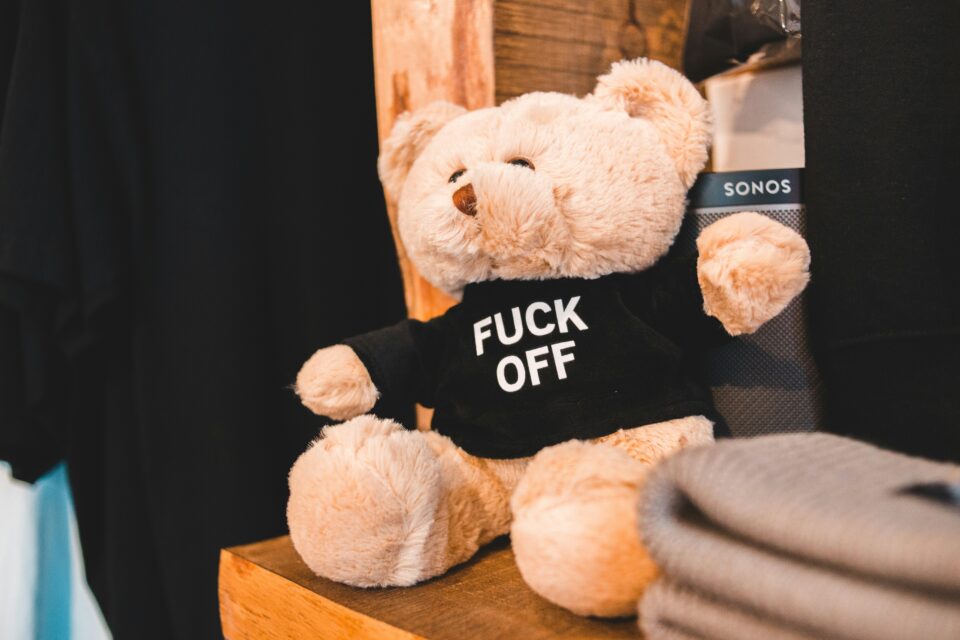 Stoffbär mit T-shirt auf dem fuck off steht